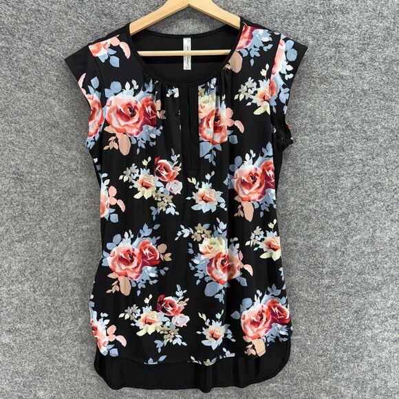 PerSeption Concept Blouse Women L Large Black Floral Short Sleeve Round Neck - Picture 1 of 7